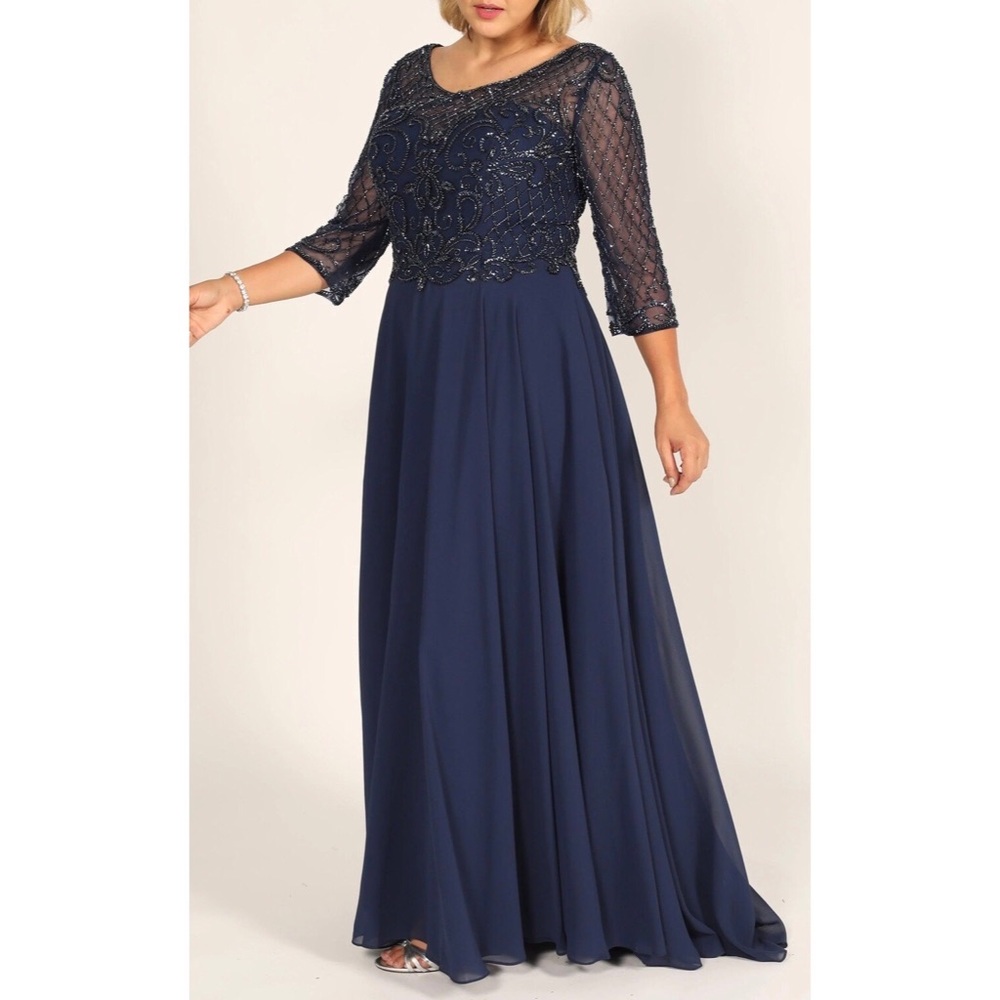 Dylan & Davids • 2XL • Navy 3/4 Sleeve Hand Beaded Chiffon Maxi Dress DD8919